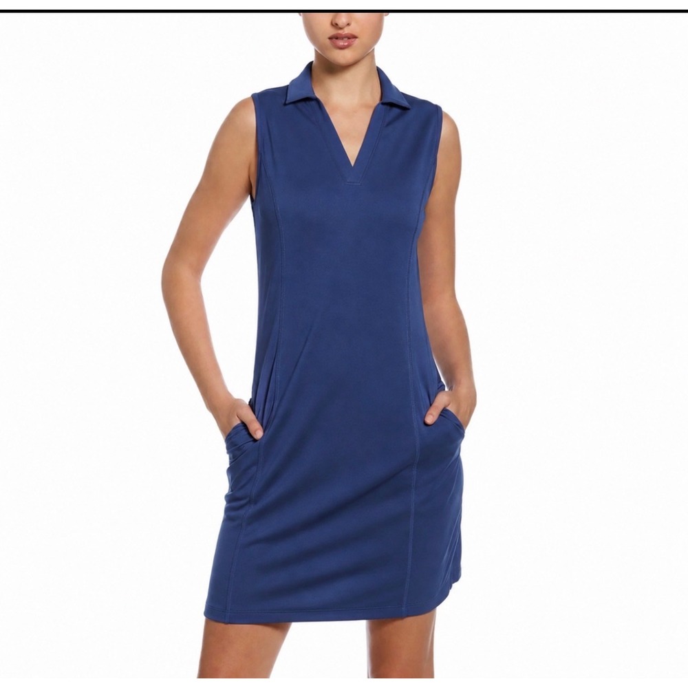 Grand Slam Performance Womens Navy Blue Sleeveless Golf Dress V-Neck UPF 50 M